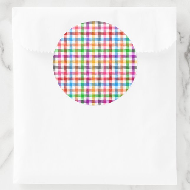 Colourful Rainbow Gingham Plaid Design - White  Classic Round Sticker (Bag)