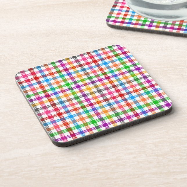 Colourful Rainbow Gingham Plaid Design - White  Coaster (Left Side)