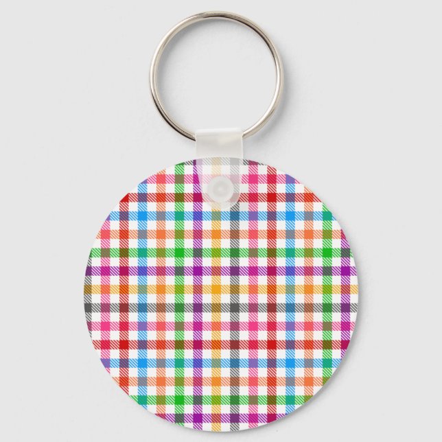 Colourful Rainbow Gingham Plaid Design - White  Key Ring (Front)