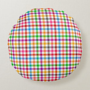 Colourful Rainbow Gingham Plaid Design - White Round Cushion