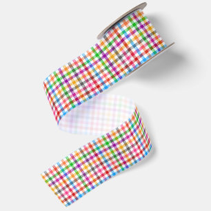Colourful Rainbow Gingham Plaid Design - White Satin Ribbon