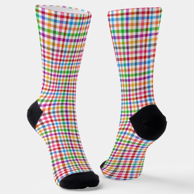 Colourful Rainbow Gingham Plaid Design - White  Socks (Angled)