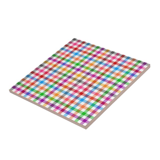 Colourful Rainbow Gingham Plaid Design - White  Tile (Side)