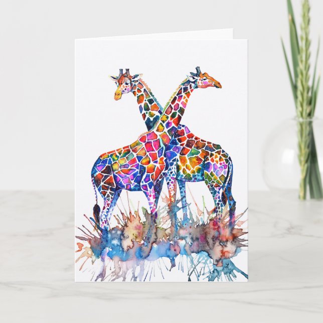 Colourful Rainbow Giraffes Watercolor Card (Front)