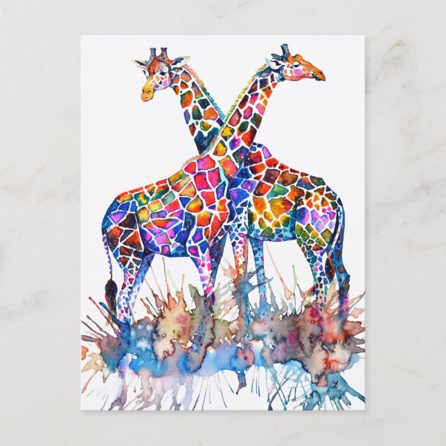 Colourful Rainbow Giraffes Watercolor Postcard (Front)