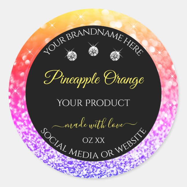 Colourful Rainbow Glitter and Black Product Labels (Front)