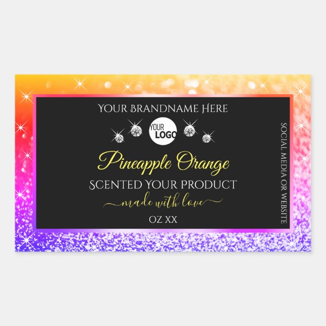 Colourful Rainbow Glitter Black Product Labels Log (Front)