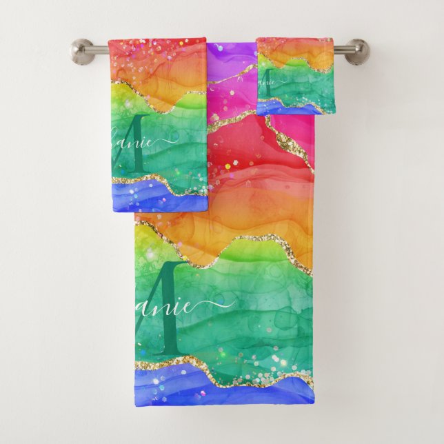 Colourful Rainbow Glitter Gold Agate Monogram Bath Towel Set (Insitu)
