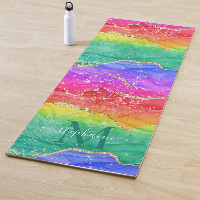 Colourful Rainbow Glitter Gold Agate Monogram Yoga Mat (In Situ)