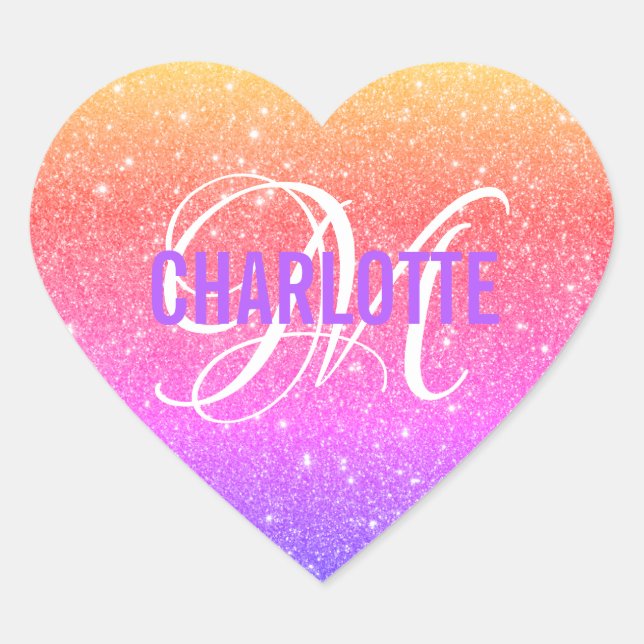 Colourful Rainbow Glitter Monogram Name Heart Sticker (Front)