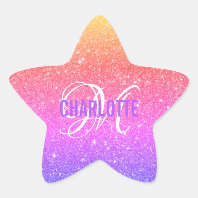 Colourful Rainbow Glitter Monogram Name  Star Sticker (Front)