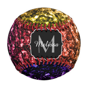 Colourful Rainbow glitter sparkle Monogram name Baseball