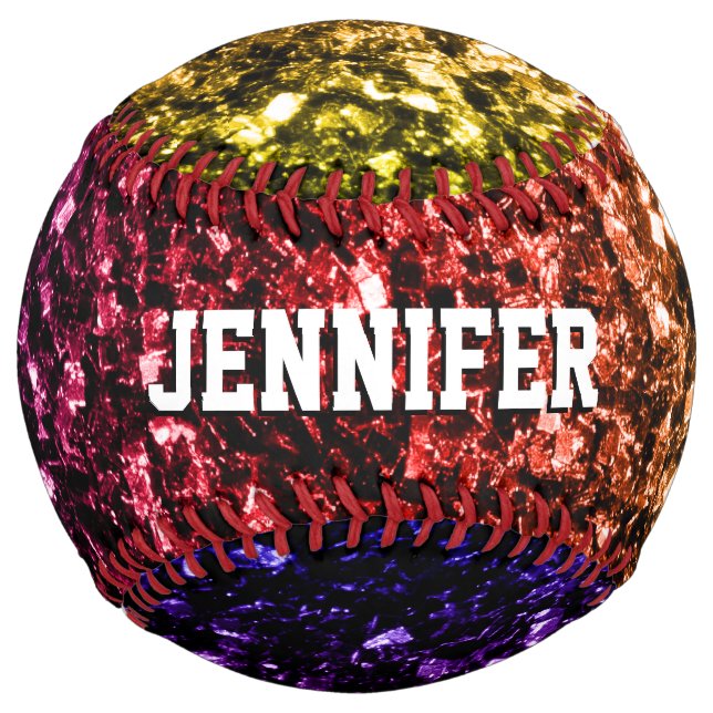 Colourful Rainbow glitter sparkles Your name Team Softball (Back)