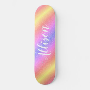 Colourful Rainbow Glitter Stripes Personalised Kid Skateboard