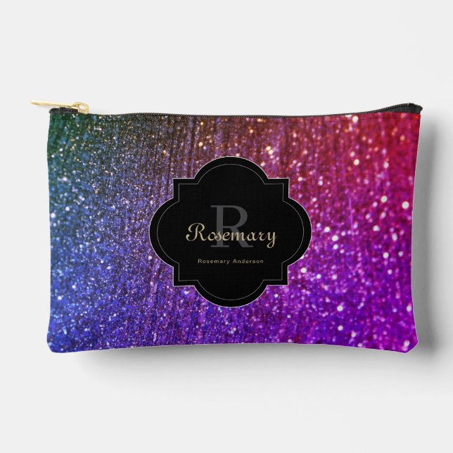 Colourful Rainbow Glittery Sparkle Name Monogram  Accessory Pouch (Front)