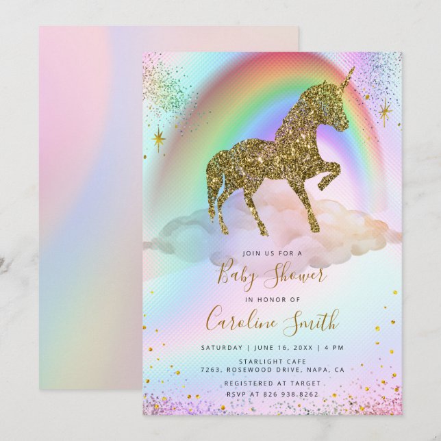 Colourful Rainbow Gold Glitter Unicorn Baby Shower Invitation (Front/Back)
