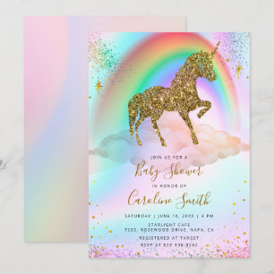 Colourful Rainbow Gold Glitter Unicorn Baby Shower Invitation