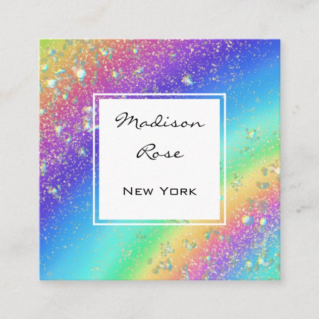 Colourful Rainbow Gold Holographic Luxury Modern Square Business Card (Front)