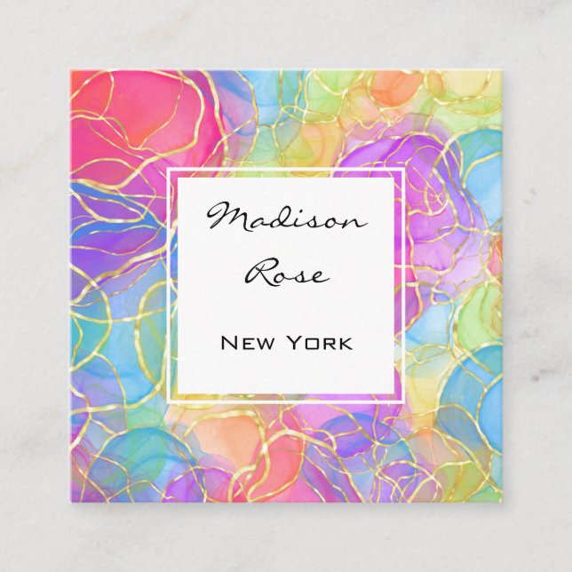 Colourful Rainbow Gold Holographic Luxury Modern Square Business Card (Front)