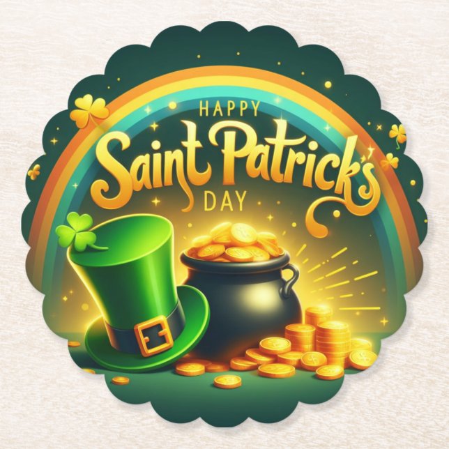 Colourful rainbow gold Saint Patrick's Day Paper Coaster (Front)