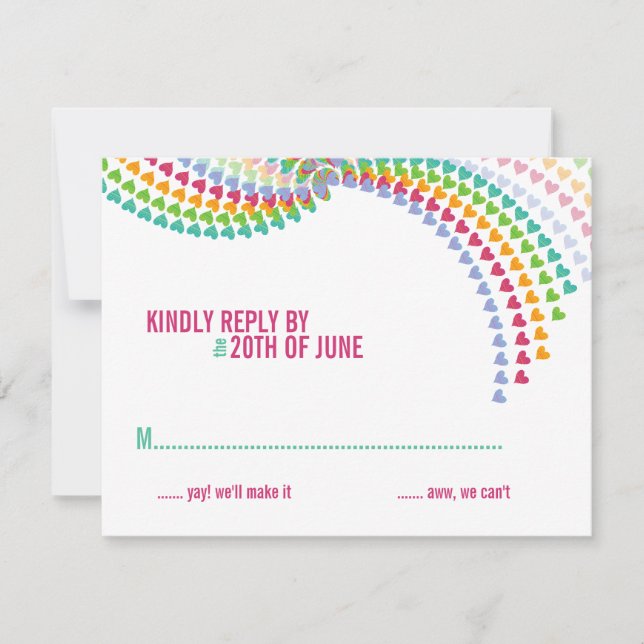 Colourful Rainbow Heart Sprinkles Wedding RSVP Car (Front)