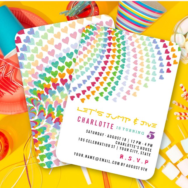 Colourful Rainbow Hearts Fun Kids Birthday Party Invitation (Colorful Rainbow Hearts Love Fun Whimsical Kid's Birthday Party Invitation @ fat_fa_tin)
