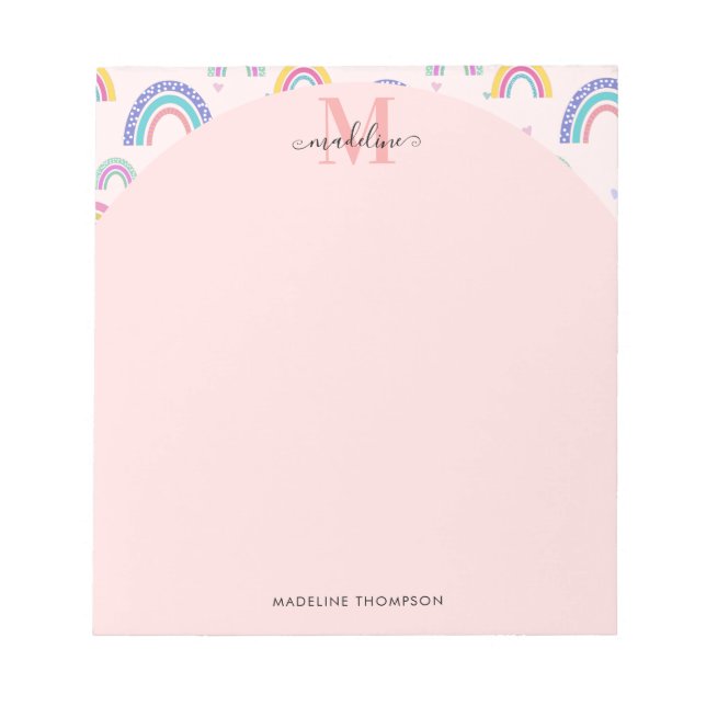Colourful Rainbow Hearts Girly Pink Monogram Notepad (Front)