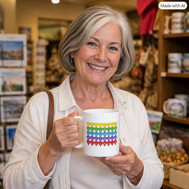 Colourful Rainbow Hearts Illinois Pride Graphic Coffee Mug (A mug that says Illinois in a rainbow heart pattern.)