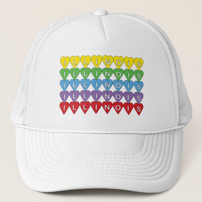 Colourful Rainbow Hearts Illinois Pride Graphic Trucker Hat (Front)