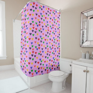 Colourful Rainbow Hearts on Pink Shower Curtains