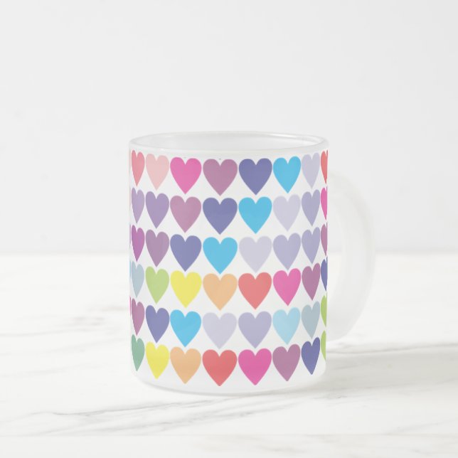 Colourful Rainbow Hearts Pattern Frosted Glass Coffee Mug (Front Right)