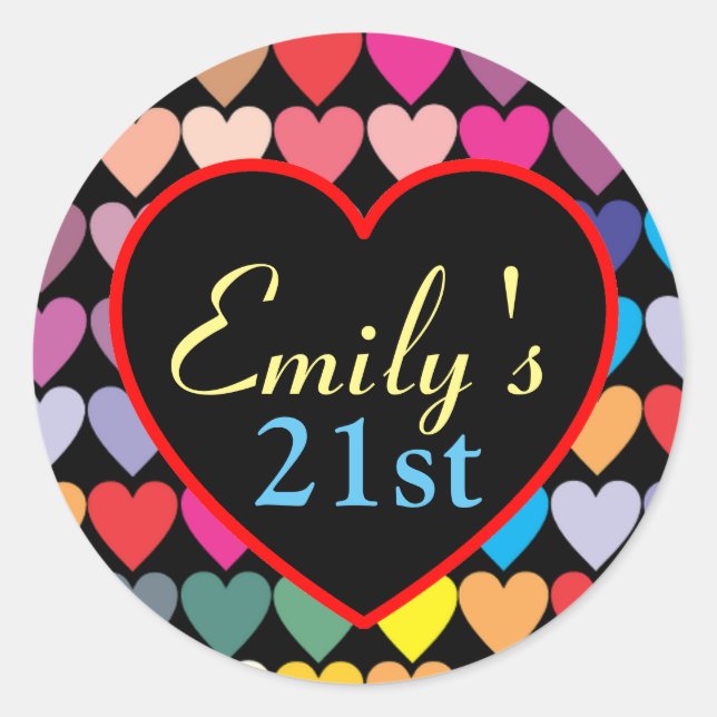 Colourful Rainbow Hearts Pattern Personalised 21st Classic Round Sticker (Front)