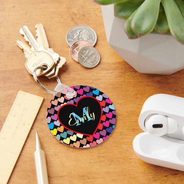 Colourful Rainbow Hearts Pattern Personalised Key Ring (Desk)