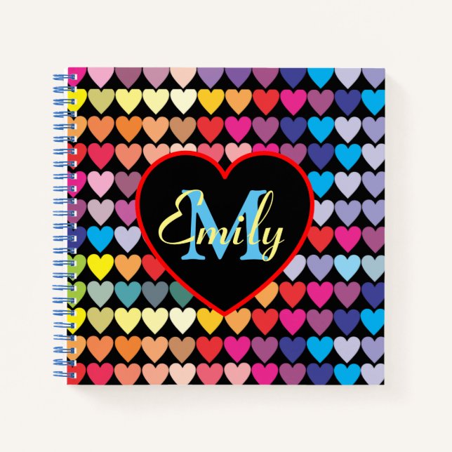 Colourful Rainbow Hearts Pattern Personalised Notebook (Front)