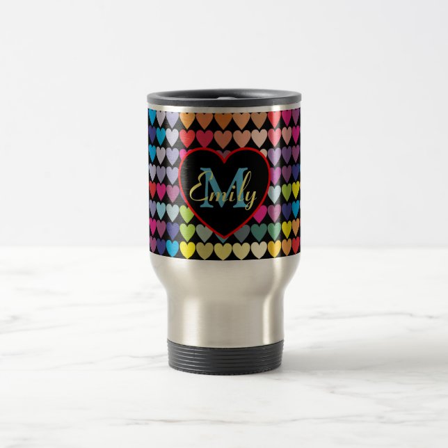 Colourful Rainbow Hearts Pattern Personalised Travel Mug (Center)