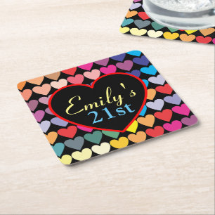 Colourful Rainbow Hearts Personalised 21st Square Paper Coaster
