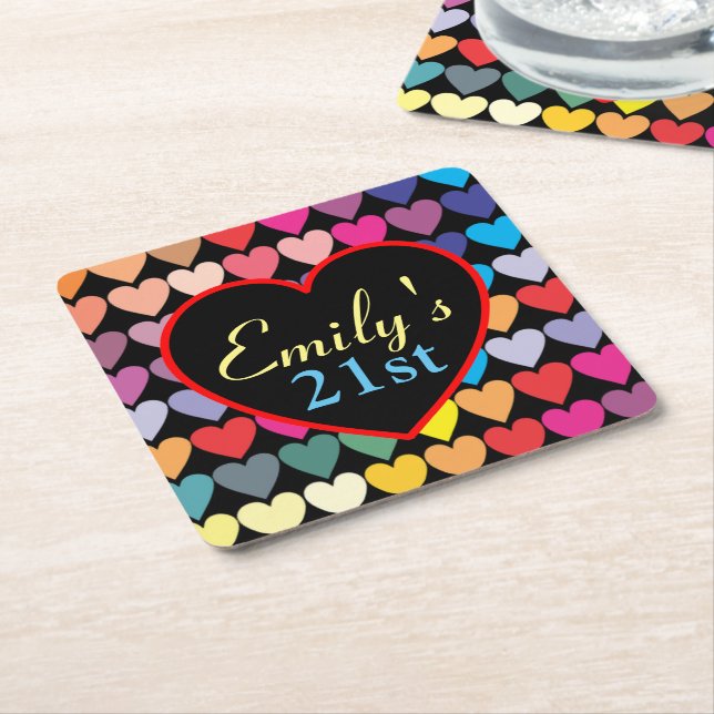 Colourful Rainbow Hearts Personalised 21st Square Paper Coaster (Angled)