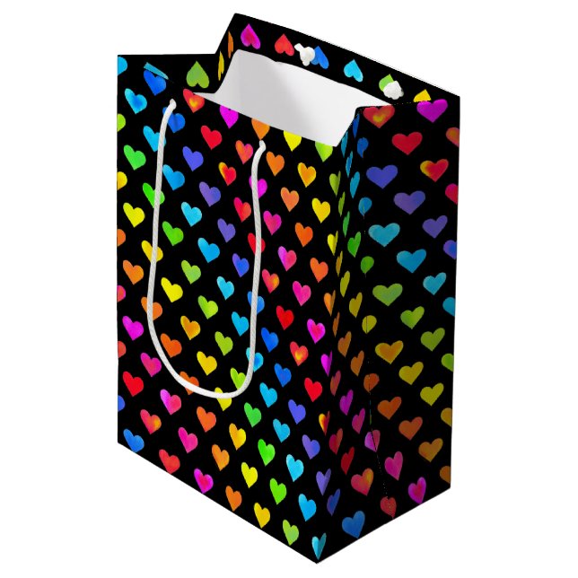 Colourful Rainbow Hearts Stripe Pattern Medium Gift Bag (Front Angled)