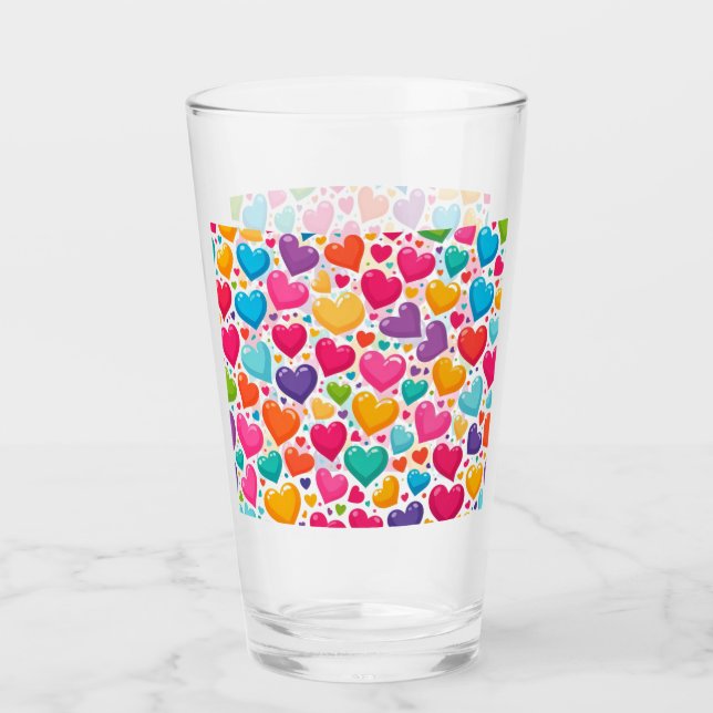 Colourful rainbow hearts Valentines Glass (Front)