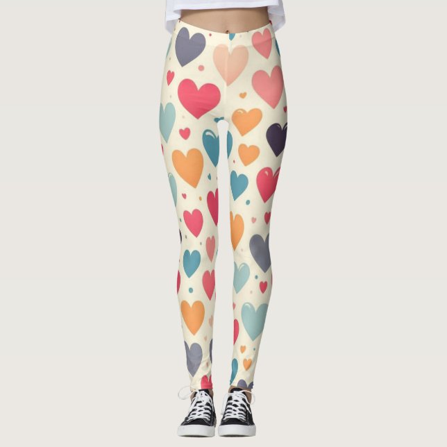 Colourful rainbow hearts Valentines Leggings (Front)