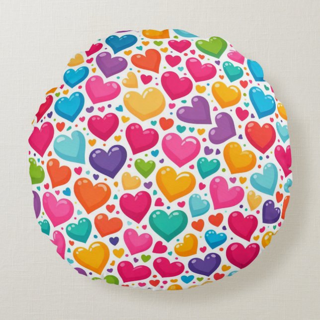 Colourful rainbow hearts Valentines Round Cushion (Front)
