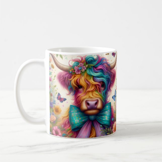 Colourful Rainbow Highland Cow Coffee Mug (Left)