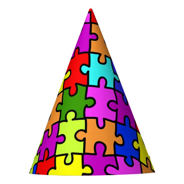 Colourful rainbow jigsaw puzzle pattern party hat (Front)
