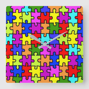 Colourful rainbow jigsaw puzzle pattern square wall clock