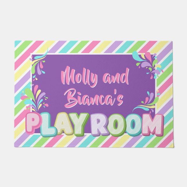 Colourful rainbow kids name playroom entry doormat (Front)