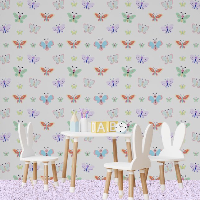Colourful Rainbow Kids White Butterfly Wallpaper (Kids Playroom)