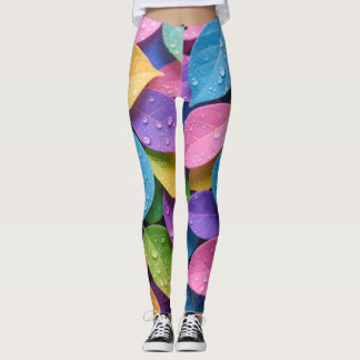 Colourful Rainbow Leaf Dew Drops Leggings Pattern