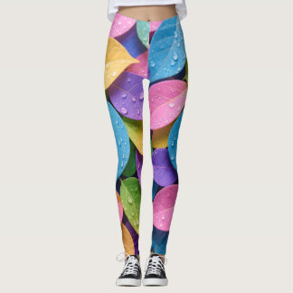 Colourful Rainbow Leaf Dew Drops Leggings Pattern