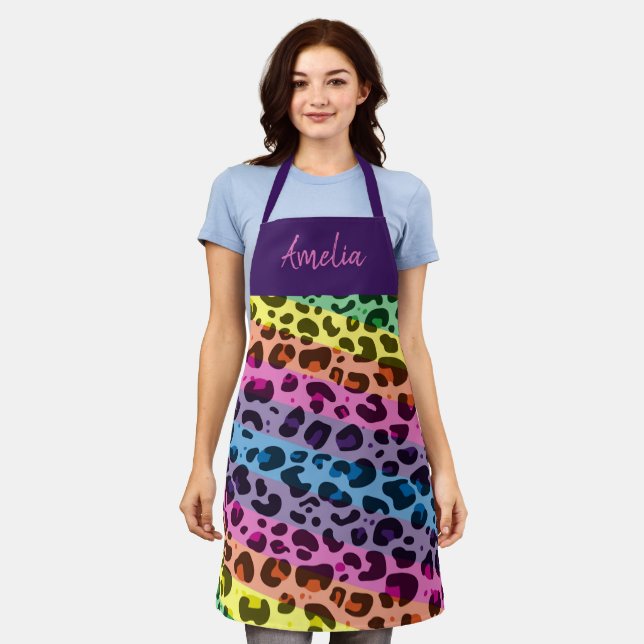 Colourful rainbow leopard print animal pattern apron (Worn)