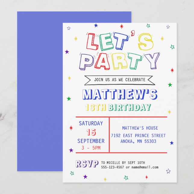 Colourful Rainbow Let's Party Boy Birthday Invitation (Front/Back)